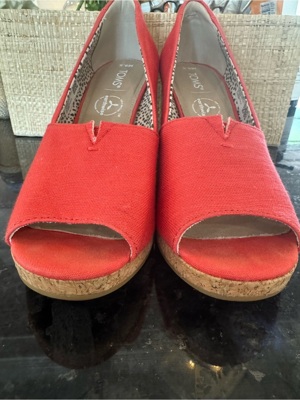 TOMS Red Canvas Peep-Toe Cork Wedge Espadrilles